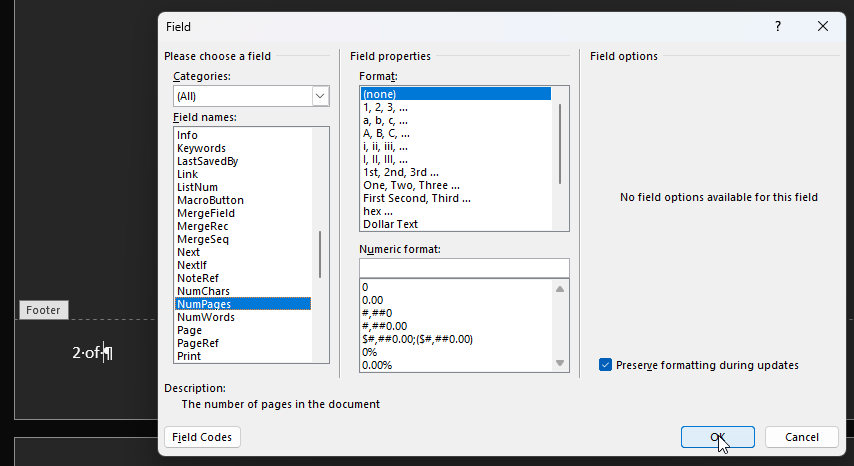 ms word footer total number of pages